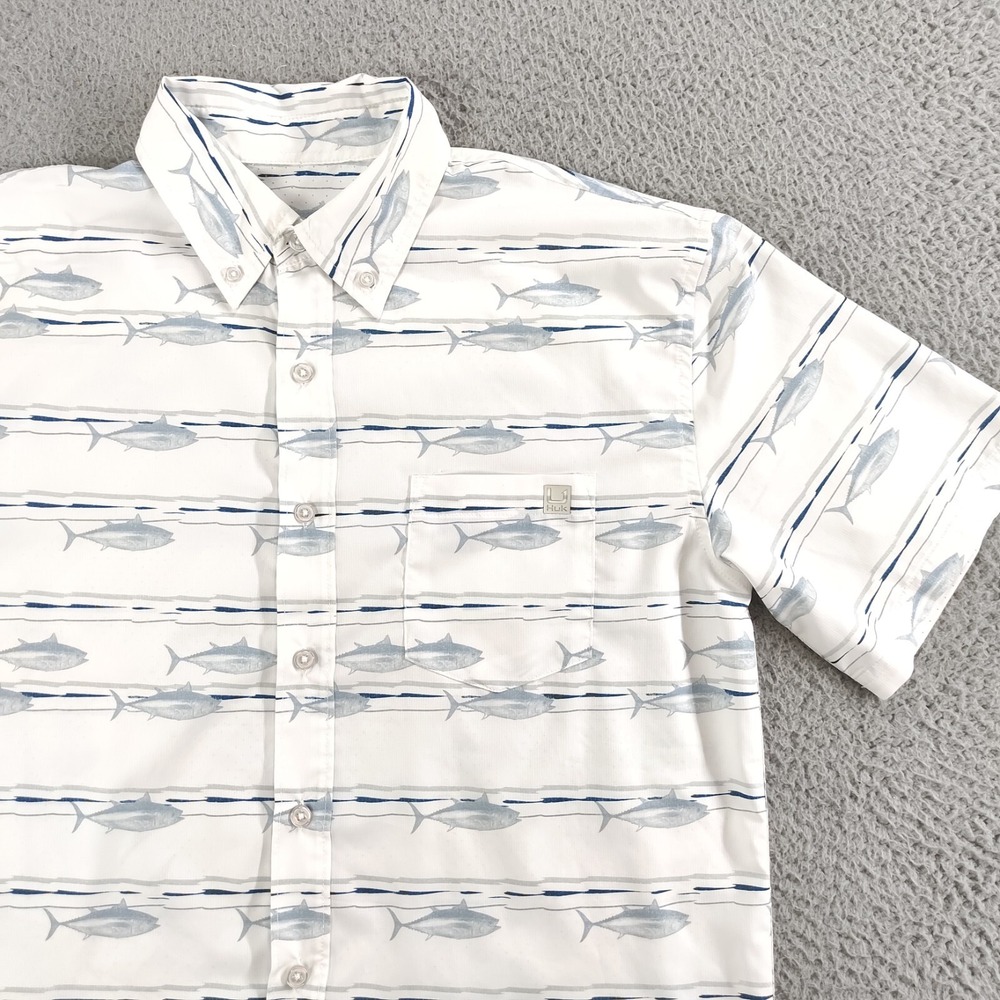 Huk Shirt Mens Small White Pastel Teaser Fish Print Short Sleeve Button Down